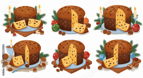 Panettone Illustrations – Italian Holiday Bread with Fruit Slices Clipart