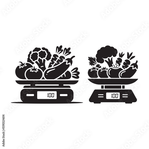 Fresh produce displayed on digital kitchen scales vegetables fruits