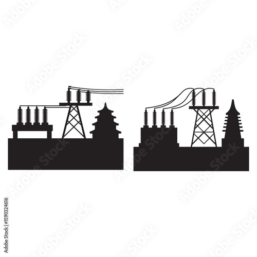 Electrical substation towers and insulators with pagoda style buildings power lines