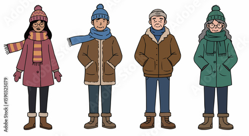 Elderly Couple Winter Outfit – Senior People in Warm Clothes Character Design