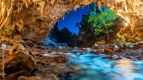 Enchanting Cave River at Twilight: Nature's Hidden Gem