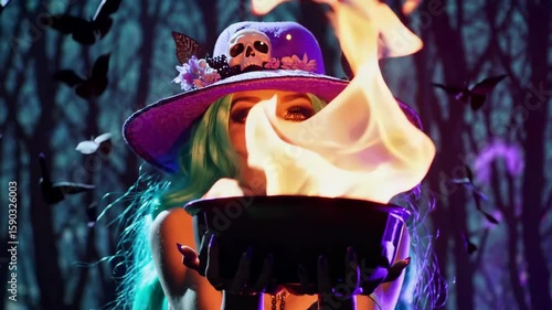 Enchanting sorceress conjures flames in mysterious forest amidst dark atmosphere