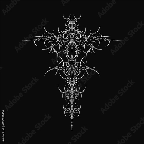 Cyber sigilism intricate symmetrical patterns. Cyber tribal freehand tattoo flash vector design isolated on black background