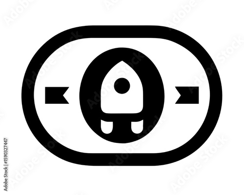 A logo of Rocket Ship: A minimalist logo of rocket ship in an oval frame ready for takeoff, evoking a sense of innovation and boundless exploration in the vast expanse.