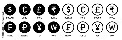 Currency symbols icons set with label. Dollar, Euro, Pound, Rupee, Franc, Ruble, Yen, Won black and white color vector illustration.