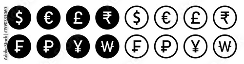 Currency symbols icons set. Dollar, Euro, Pound, Rupee, Franc, Ruble, Yen, Won, black and white vector illustration.