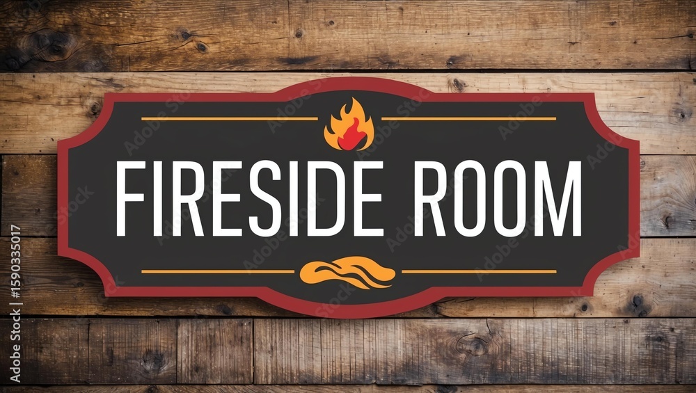 Obraz premium Phrase Fireside Room is displayed on an attractive signage board with on a beautiful rustic wooden background