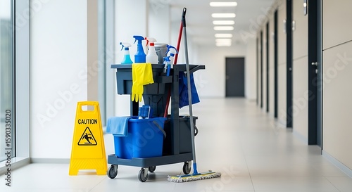 Janitor Cart in Office Building Hallway