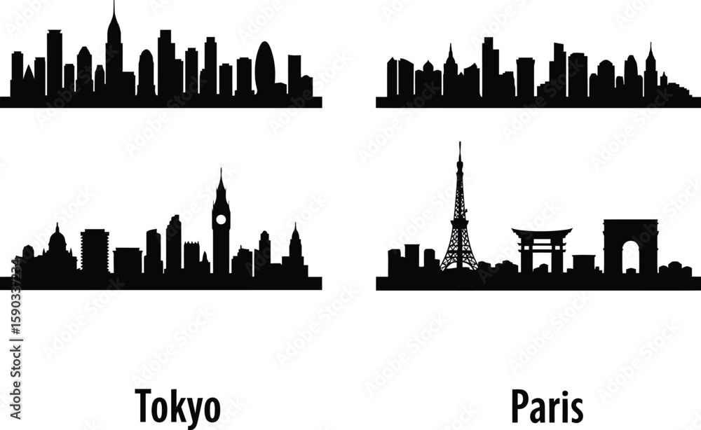 Obraz premium Iconic City Skylines Tokyo, Paris, and More - A Collection of Stunning Cityscape Illustrations