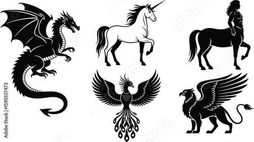 Mythical Creatures Dragons, Unicorns, Griffins, Phoenixes, and Centaurs - Majestic Black and White Illustrations