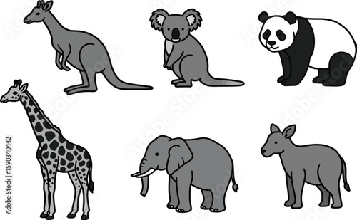 Adorable Animals Kangaroo, Koala, Panda, Giraffe, Elephant, and Okapi Illustrations