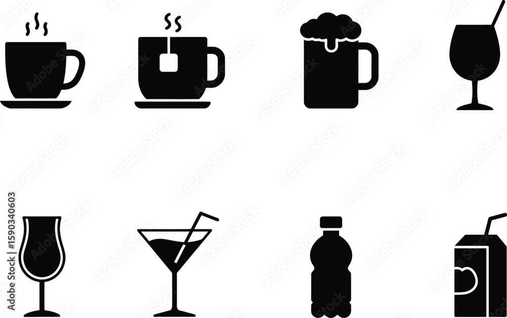Fototapeta premium Beverage Icons Coffee, Tea, Beer, Cocktails, and More – A Comprehensive Set of Drink Illustrations