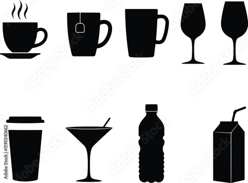 Silhouette Icons Coffee, Tea, Wine Glasses, Drinks, Beverages, and More