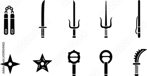 Collection of Martial Arts Weapons Icons Nunchaku, Katana, Sai, Shuriken, and More