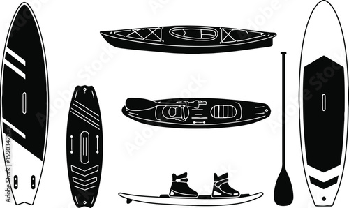 Kayak, Surfboard, and Paddleboard Designs  A Collection of Water Sports Illustrations