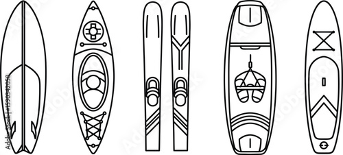 Water Sports and Winter Sports Equipment Line Art Illustrations Surfboard, Kayak, Skis, SUP Board, and Paddleboard Designs