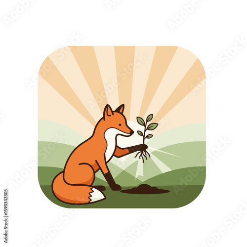 Fox planting a young tree in a sunlit landscape  