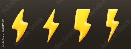 Set of yellow glossy lightning bolt icon in realistic style isolated on black background. Weather icons design for website, mobile app and sale banner. 3d thunder sign. Vector illustration