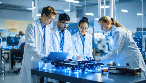 Four engineering students collaborate in laboratory, illuminated by fluorescent lights, working on advanced technology and equipment. Their focused expressions reflect determination and teamwork
