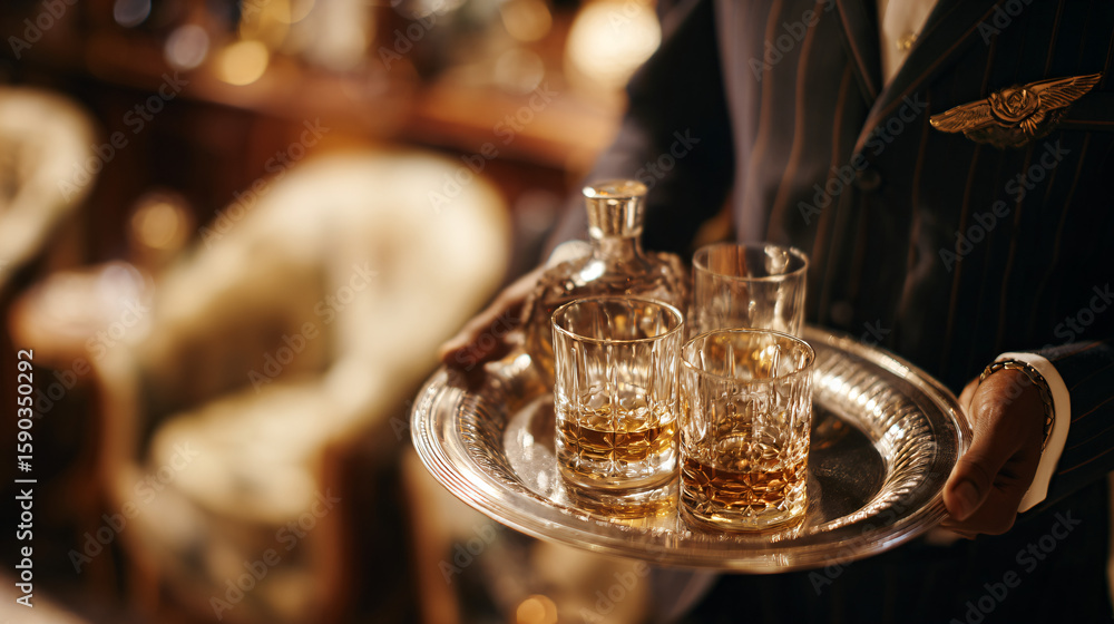 Obraz premium Elegant whiskey service in upscale lounge with crystal glasses and sophisticated ambiance