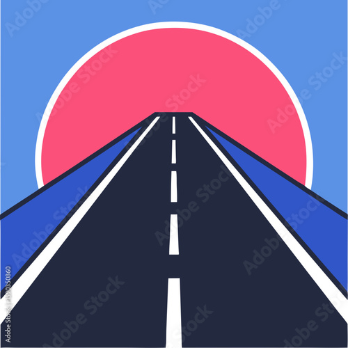 Vector road icon with black asphalt and pink sunset