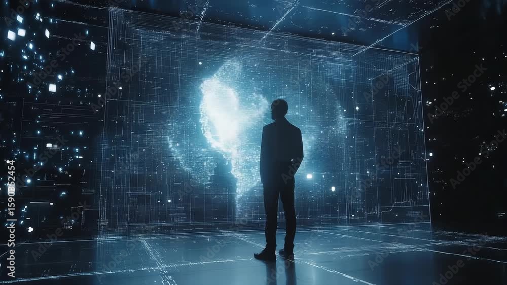 Businessman standing and facing glowing hologram interface with futuristic data charts and analytics
Businessman standing and facing glowing hologram interface with futuristic data charts and analytics