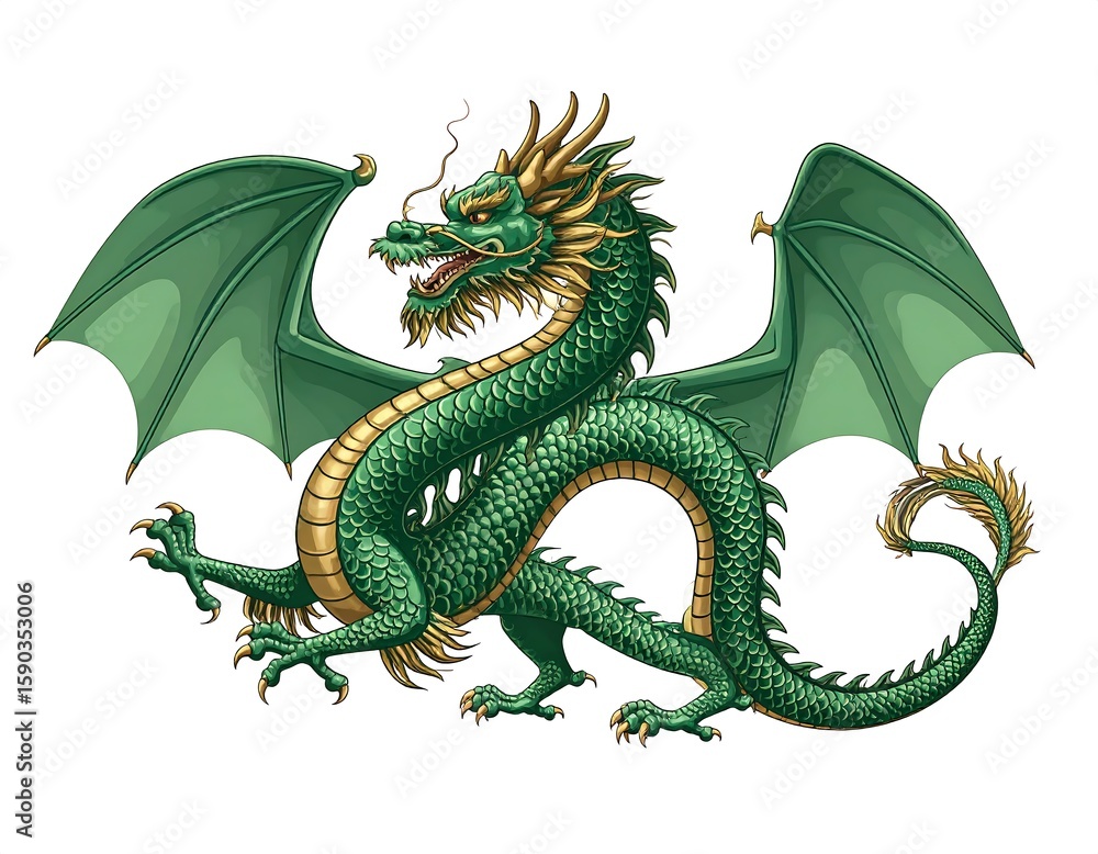 Obraz premium Green dragon with outstretched wings