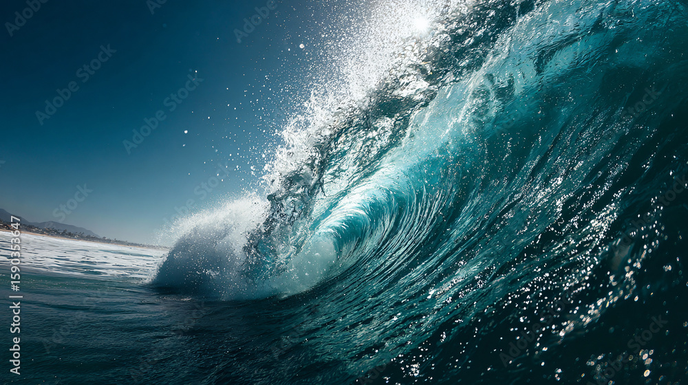 Obraz premium Dramatic close-up of a powerful ocean wave breaking with sunlight sparkling through its crest