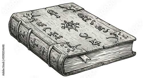 Ancient Spellbook with Runes and Metal Clasps, Old Grimoire Illustration