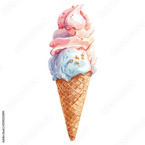 Blue and pink ice cream cone watercolor illustration