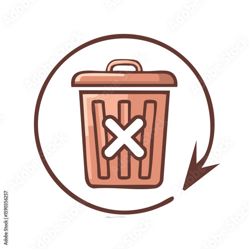 Cartoon trash can with recycle arrow icon for deletion and removal process