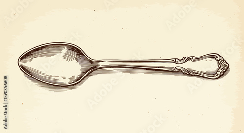 Detailed Engraving of an Antique Silver Spoon with Ornate Handle