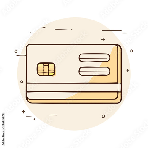 Outlined card with EMV chip and magnetic stripe in front of a decorative circle background, for finance or bank services promotion