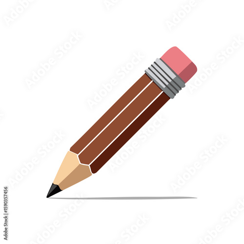 Illustration of a Brown Wooden Pencil with a Pink Eraser and a Dark Lead Point for Writing or Drawing