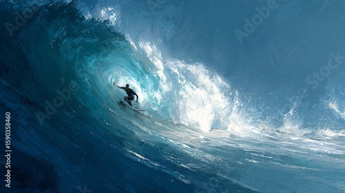 Painterly depiction of a surfer riding inside a massive wave barrel with energetic brushstrokes capturing the ocean’s power and vibrant light