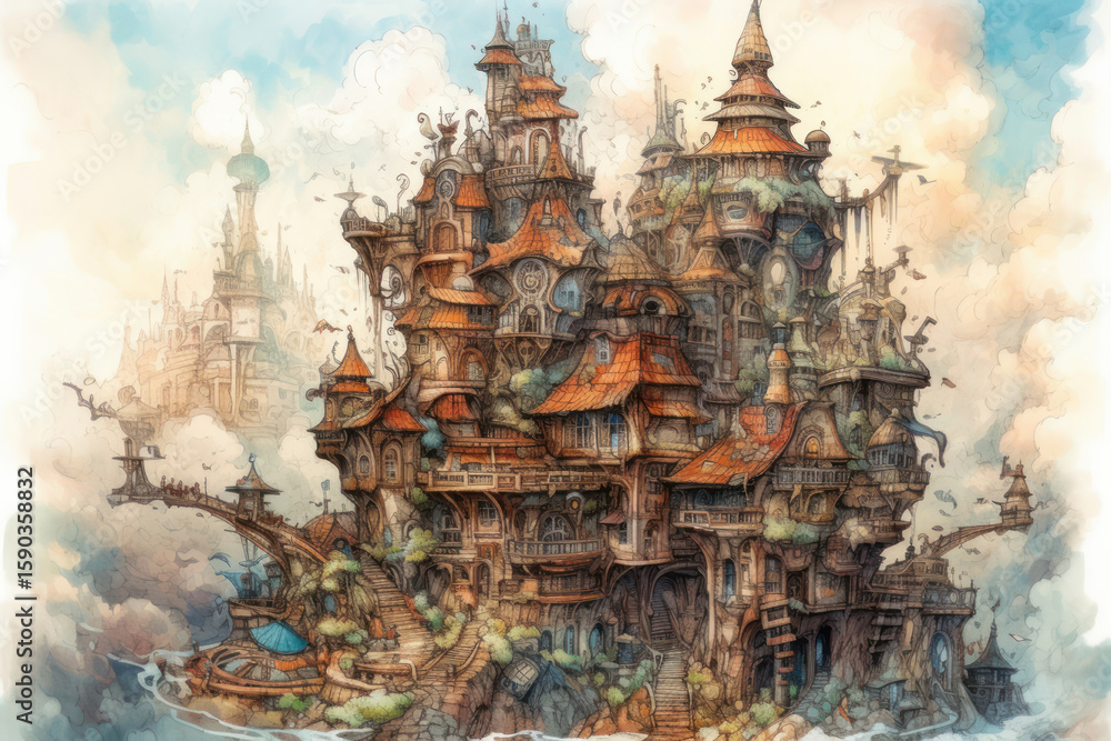 Obraz premium A fantasy illustration of a large, whimsical city floating among the clouds.