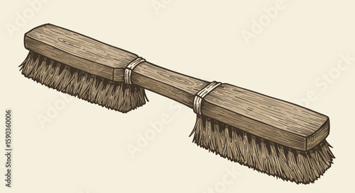 Double-Sided Wooden Bristle Brush with Natural Fibers, Hand-Drawn Style