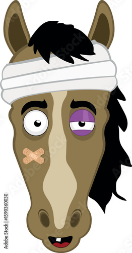 vector illustration character face hose cartoon injured with bandages on his head, a black eye, a single tooth