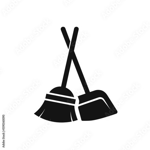Flat vector illustration of crossed broom and dustpan icon in black silhouette.
