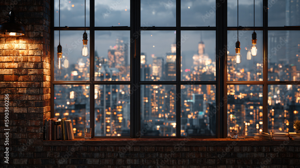 Naklejka premium Cozy urban loft interior with large window overlooking vibrant city skyline at dusk