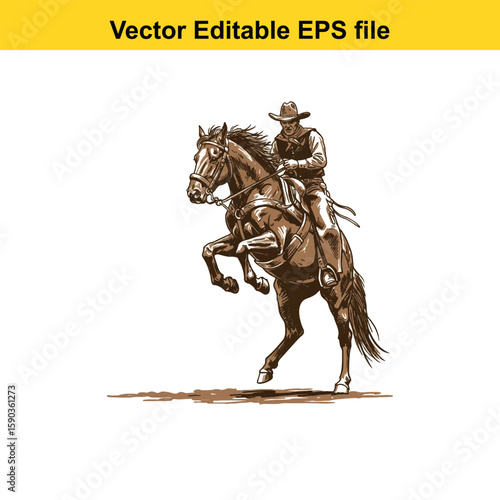 Cowboy riding a horse with a lasso isolated on white