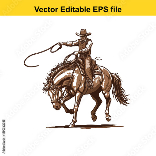 Cowboy riding a bucking bronco in a rodeo
