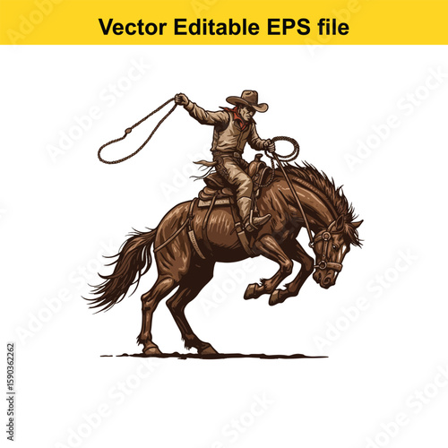 Cowboy riding a horse with a lasso isolated on white