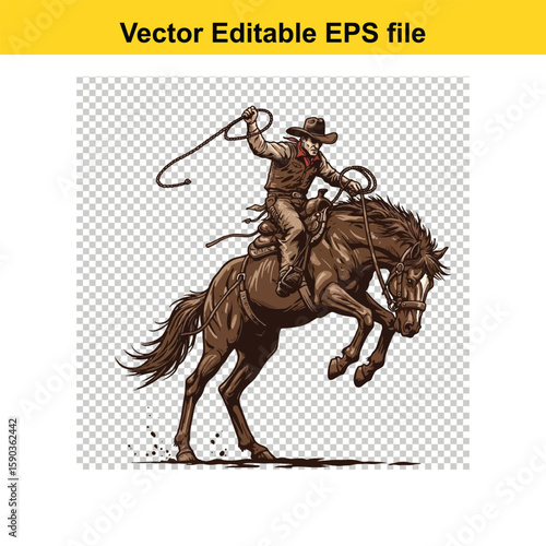 Cowboy riding a horse with a lasso isolated on white