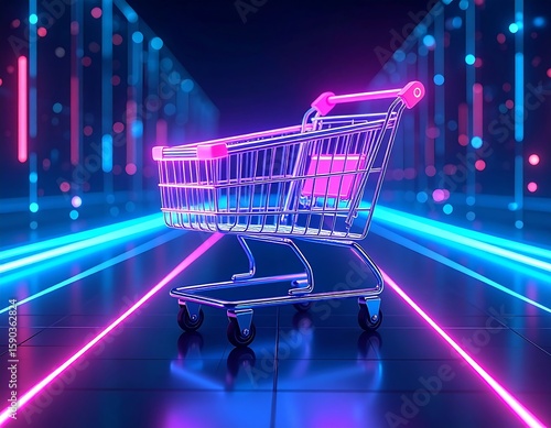 Neon shopping cart in a digital aisle