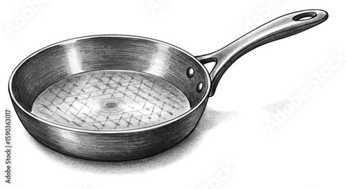 Small, Empty, Metallic Saucepan with Cross-Hatch Interior and Ergonomic Handle