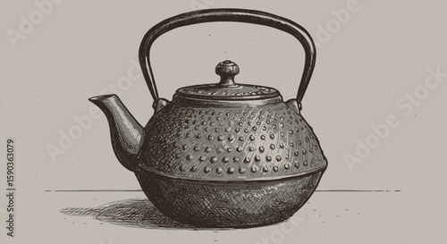 Vintage Hand-Drawn Illustration of a Traditional Japanese Tea Kettle