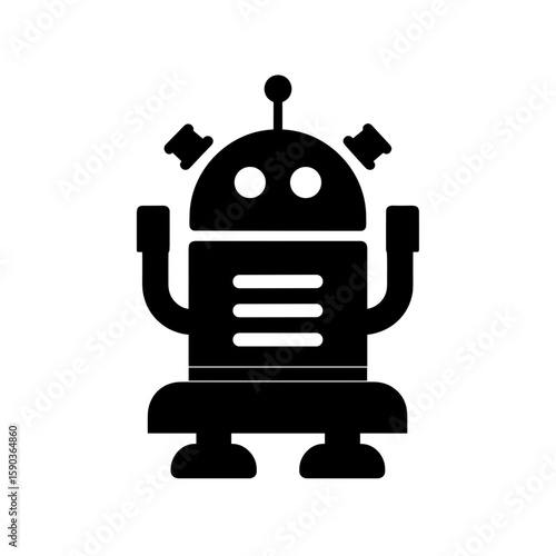 Flat vector illustration of a cute black robot icon with antenna and arms up.
