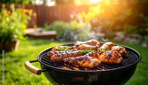 Grilled chicken and sausages on a backyard barbecue