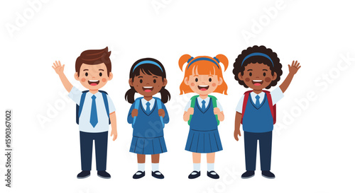 Four diverse students in school uniforms smiling and waving on a white background